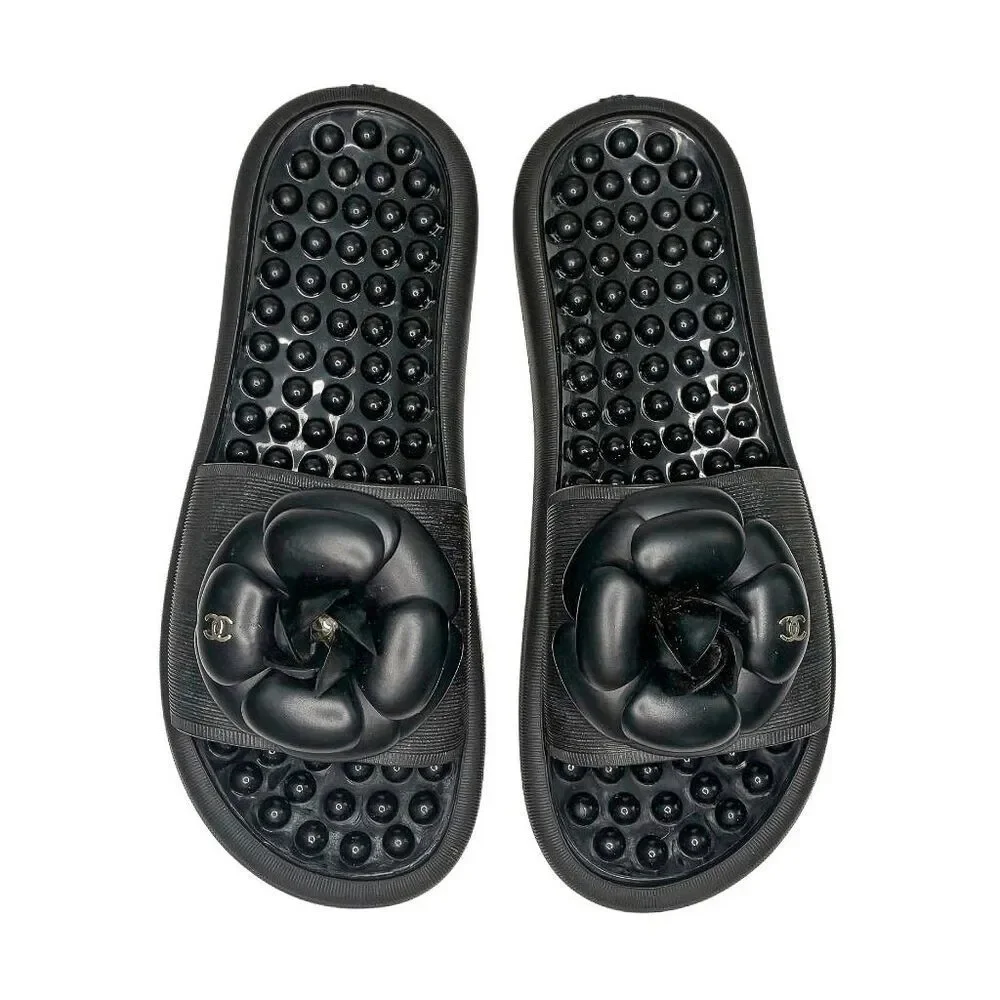 Chanel Camellia CC Mules Black Thermoplastic/PVC Slip on Slides EU 37 US 5.5-6